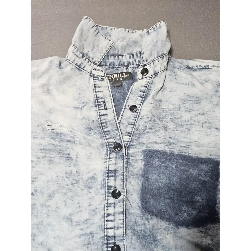 Thrill Jeans Shirt Womens Extra Large Buttoned Destroyed Distressed Denim Shirt - Picture 4 of 8